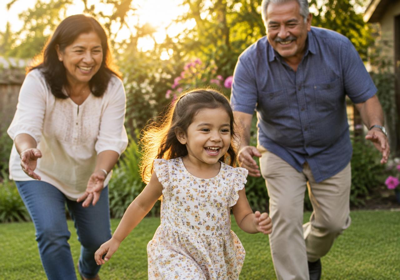 Abuelos jugando con su nieta en el jardín
