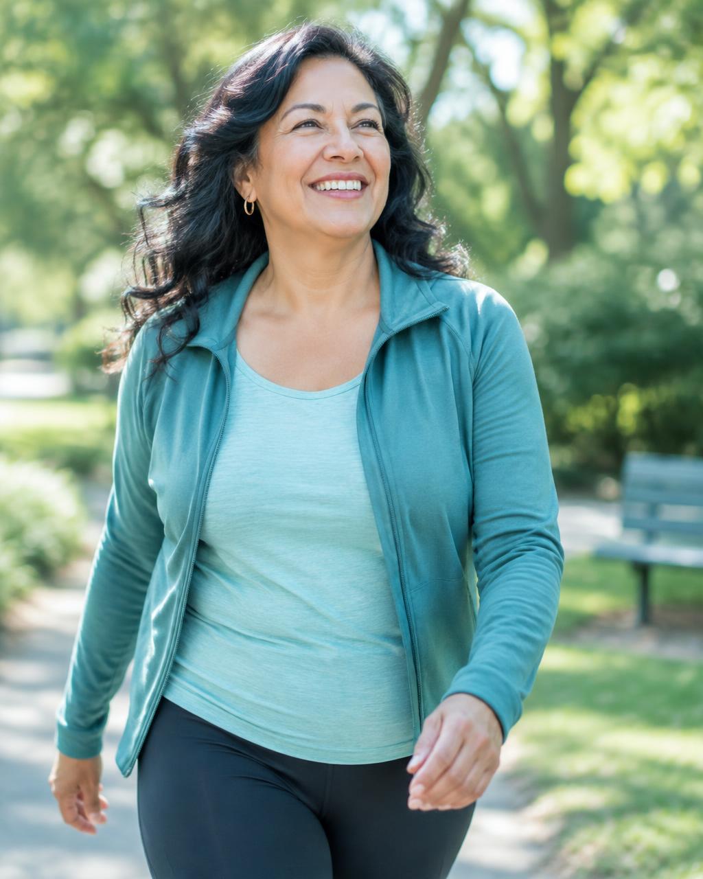 Mujer caminando feliz en el parque